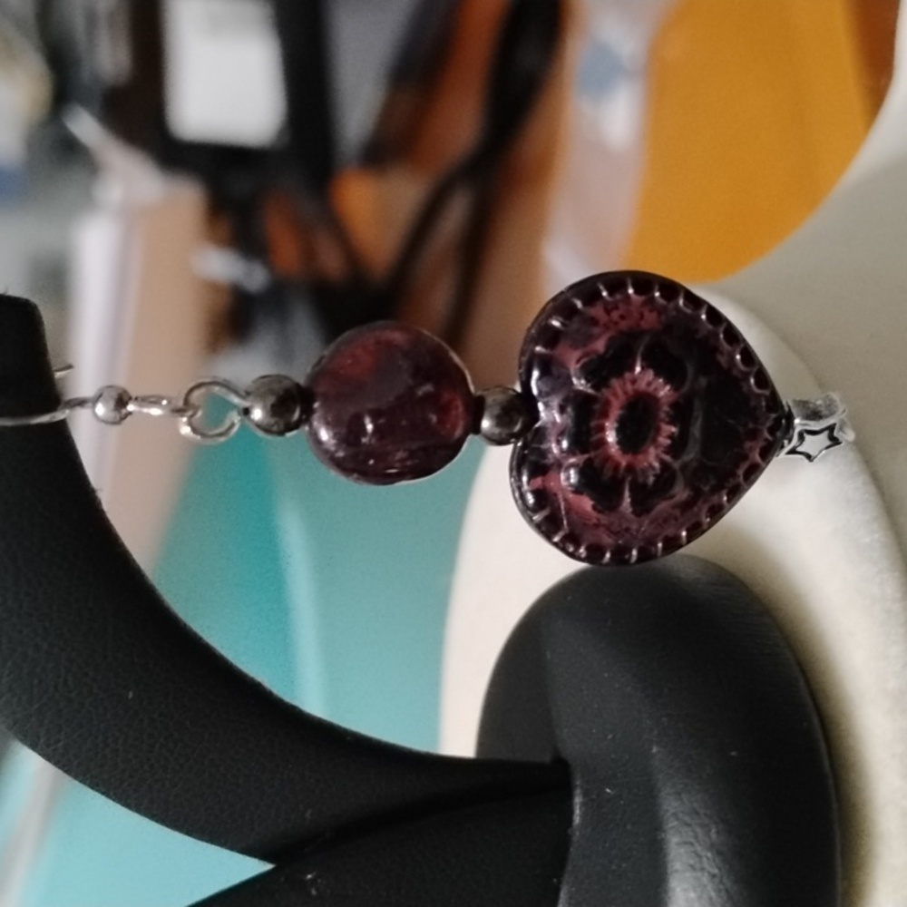 Hand Crafted Dark Red And Black Floral Heart Czech Glass With Garnet Earrings - Picture 3 of 6
